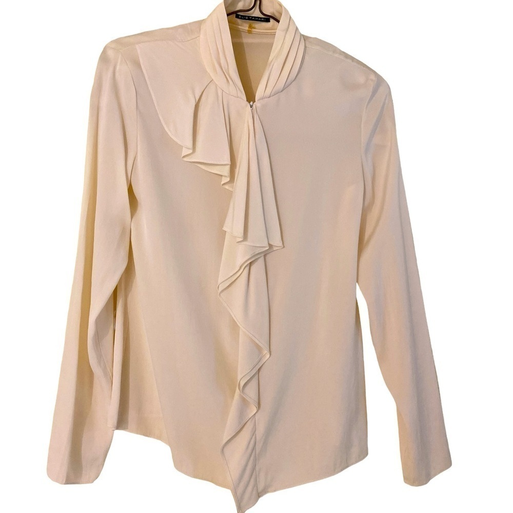 Elie Tahari Silk Ruffle Blouse in Cream Size Small Petite